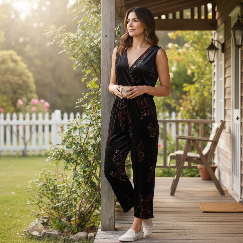 Love On A Hanger Velvet Floral‎ S Small Wide Leg Jumpsuit whimsigoth y2k cottage